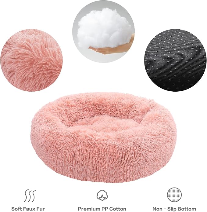 NOYAL Calming Donut Dog Bed for Small to Medium Dogs & Cats - Plush Faux Fur Anti-Anxiety Pet Bed with Machine Washable Cover & Non-Slip Base