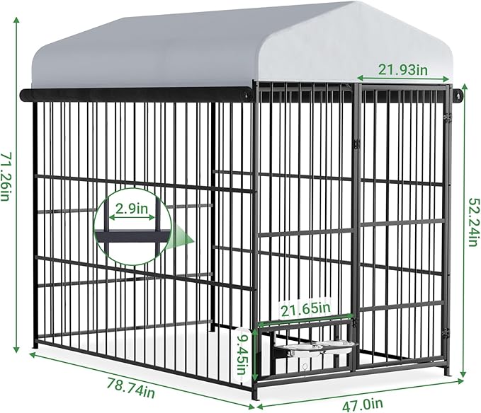 6.6 x 3.9 x 5.9 FT Outdoor Dog Kennel with Roof, Large Dog Kennel Outdoor with Rotating Feeding Bowls, Waterproof and Sunproof Dog Kennel Outside, Covered Dog Outdoor Kennel