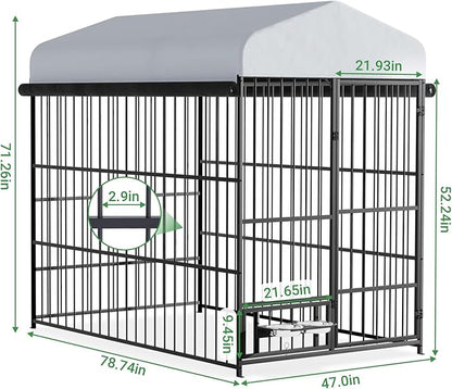 6.6 x 3.9 x 5.9 FT Outdoor Dog Kennel with Roof, Large Dog Kennel Outdoor with Rotating Feeding Bowls, Waterproof and Sunproof Dog Kennel Outside, Covered Dog Outdoor Kennel