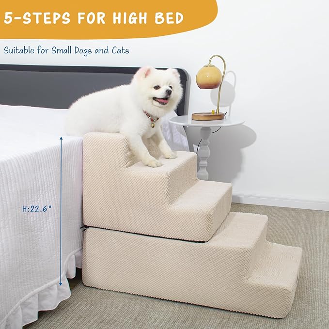 5-Step Dog Stairs to Bed, Dog Steps for High Beds and Couch, Non-Slip Pet Stairs for Small Dogs and Cats,Dog Bed Stairs, Beige, 3/4/5 Steps
