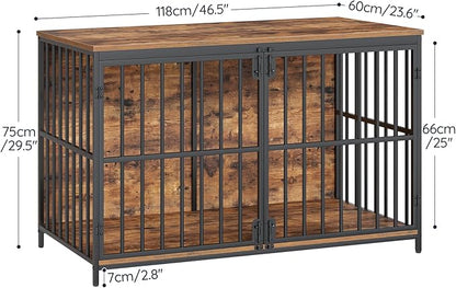HOOBRO 46.5" Large Dog Crate Furniture, Wooden Dog Kennel Indoor, Chew-Resistant Heavy Duty Dog Cage for Large/Medium Dog, Decorative Side End Table, Rustic Brown and Black BF120GW03