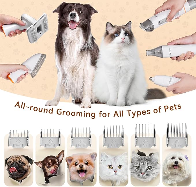 Afloia Dog Grooming Kit, Pet Grooming Vacuum & Dog Clippers Nail Trimmer Grinder & Dogs Brush for Shedding with 6 Pets Grooming Tools, Low Noise Dogs Hair Remover Pets Supplies (White)