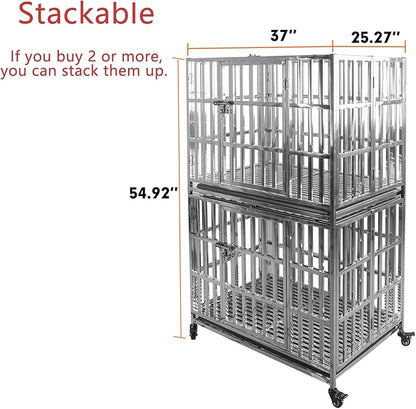 37" Heavy Duty Pet Kennel Stackable Stainless Steel Dog Crate Foldable Indestructible Dog Cage Playpen with Lockable Rolling Wheels, Double Door and Removable Tray for Small and Medium Dogs
