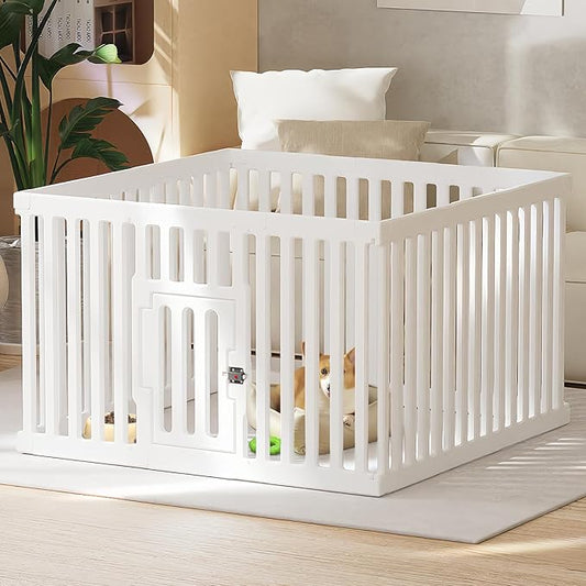 Dog Playpen with Door, 12 Panels Puppy Playpen, 25.6 H Dog Pen for Small Cats and Dogs, Pet Fence for Indoor & Outdoor, Non-Slip Pet Gate Made of Strong Plastic, White