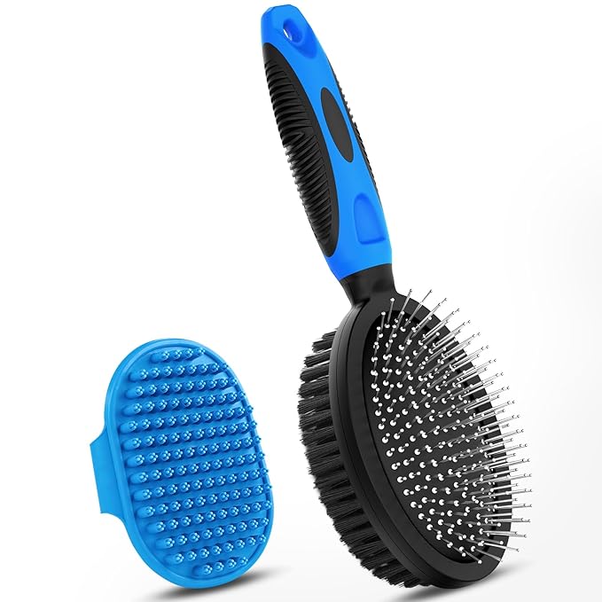 2PCS Dog Grooming Tools - Double-Sided Bath Brush for Shedding and Bathing, Suitable for Short/Long Haired Dogs, Premium Pet Supplies (Black Blue)