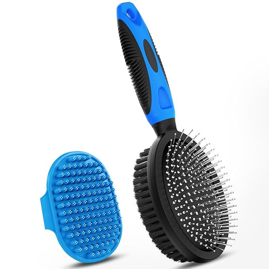 2PCS Dog Grooming Tools - Double-Sided Bath Brush for Shedding and Bathing, Suitable for Short/Long Haired Dogs, Premium Pet Supplies (Black Blue)