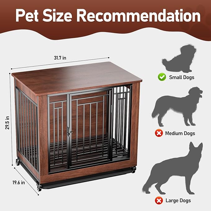 Dog Crate Furniture, 32" Dog Kennel Furniture, Small Dog Kennel Indoor, Dog Crates for Small Dogs, Wooden Dog Crate with Wheels, Tray, Feeding Window
