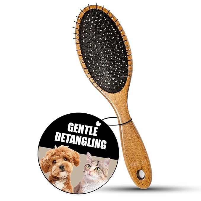 Tauro Pro Line Wooden Dog Brush for Long & Short Hair - Deshedding & Detangling Brown Massage Brush for Dog & Cat Grooming - Oval Flexible Cushion & Lightweight, Ideal for All Coat Types, S