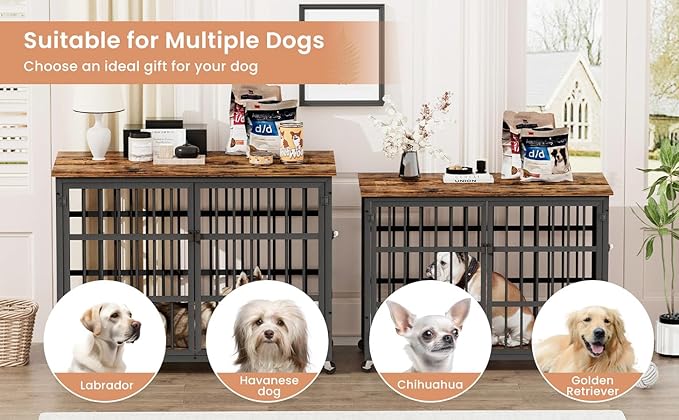 NicBex Dog Crate Furniture Dog Cage with Side Doors Opening, Dog Kennels for Inside Space, Wooden Dog Crate with Iron Doors and Lift Top for Medium and Small Dogs, Rustic Brown