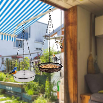 2-in-1 Set Hanging Bird Feeder and Bath for Outdoor, Small Metal Tray Perfect for Attracting Bird