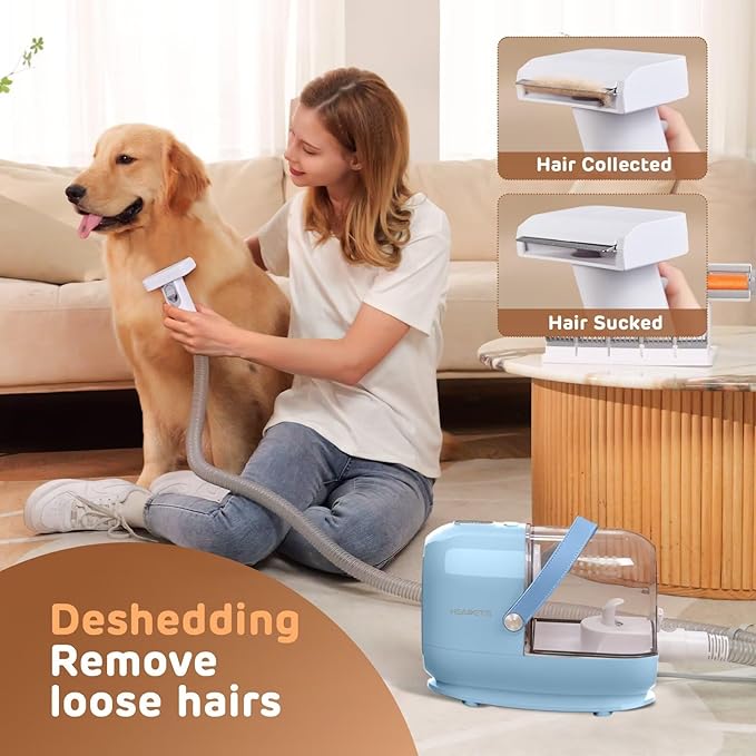 Dog Grooming Vacuum Kit - 3L Vacuum with 7 Tools, Low Noise Electric Clipper and Brush for Pet Shedding at Home, Blue