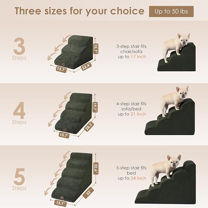 EHEYCIGA Curved Dog Stairs Ramp for High Beds 19.7" H, 4-Step Dog Steps for Small Dogs and Cats, Pet Stairs for High Bed Climbing, Non-Slip Balanced Pet Step Indoor, Olive Green