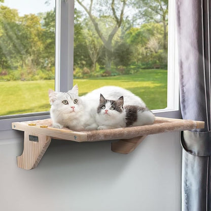 PETSFIT Cat Window Perch, Hammock Window Seat with Solid Wood Support, Metal Frame & 2 Removable Pads, Easy to Adjust & Assemble Cat Bed for Windowsill, Bedside and Drawer