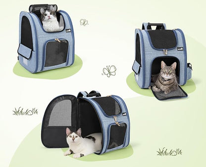 Pecute Cat Backpack with Breathable Mesh, Dog Backpack Carrier with Multi-Pockets for Cats Puppies, Pet Backpack Carrier for Travel Hiking Camping Outdoor Blue