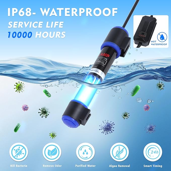 UV-C Aquarium Clean Light with Timer, Mini 3W 5W 7W 9W 11W Submersible Algae Clean Light Water Green Clean Fish Tank Water Clean Lamp for Sump Pond Filter Tank (7W Timer)