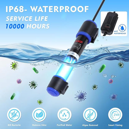 UV-C Aquarium Clean Light with Timer, Mini 3W 5W 7W 9W 11W Submersible Algae Clean Light Water Green Clean Fish Tank Water Clean Lamp for Sump Pond Filter Tank (9W Timer)