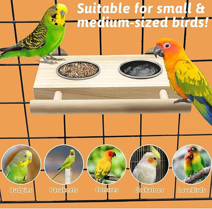 Tfwadmx Bird Feeding Dish Cups with Wooden Platform Hanging Stainless Steel Parrot Cage Feeder Bowl Wood Perch Stand for Parakeet Cockatiels Lovebirds Budgie (Small)