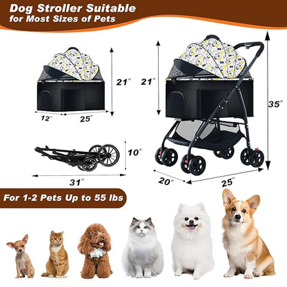 Pet Stroller 3 in 1 Folding Lightweight Dog Stroller with Detachable Carrier & Storage Basket, Premium 4 Wheels Travel Stroller for Small/Medium Pet (White)