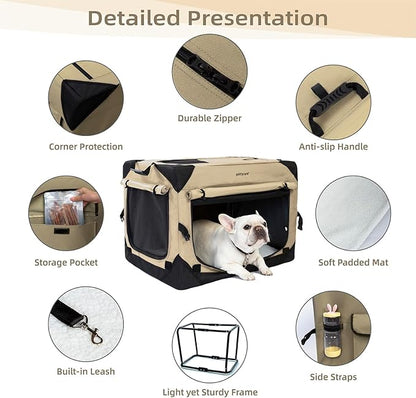 Pettycare 36 Inch Collapsible Dog Crate with Curtains Travel Dog Crate for Airflow and Calm Soft Pet Kennel with Portable Bag and More Chew Proof Mesh Indoor & Outdoor Beige 4 Door Curtains
