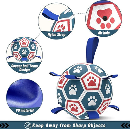 QDAN Dog Ropes Toys Soccer Ball with Straps, Interactive Dog Toys for Tug of War, Puppy Birthday Gifts, Dog Tug Toy, Dog Water Toy, Durable Dog Balls for Medium & Large Dogs（8 Inch）