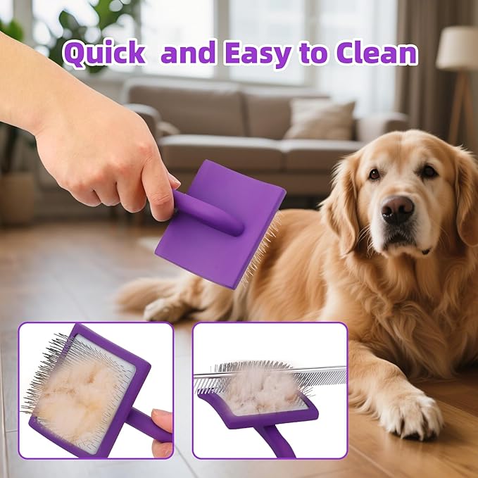 Dog Slicker Brush with Rake Comb, 2 in 1 Pet Grooming Brushes with Ergonomic Handle, Gentle Cleaning Massaging Brush for Cats Dogs