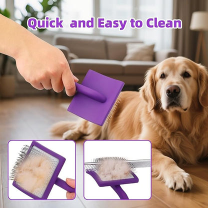 Dog Slicker Brush with Rake Comb, 2 in 1 Pet Grooming Brushes with Ergonomic Handle, Gentle Cleaning Massaging Brush for Cats Dogs