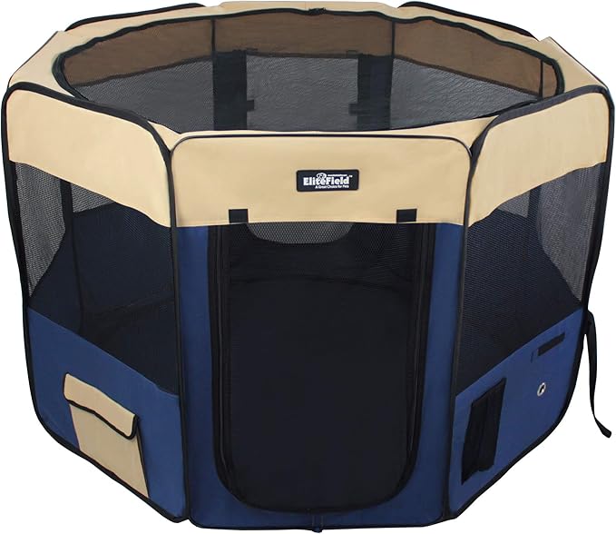 EliteField 2-Door Soft Pet Playpen (2 Year Warranty), Exercise Pen, Multiple Sizes and Colors Available for Dogs, Cats and Other Pets (62" x 62" x 36"H, Beige+Navy Blue)