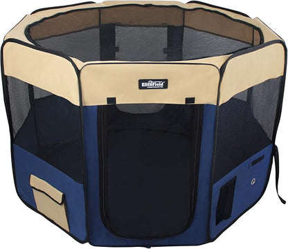 EliteField 2-Door Soft Pet Playpen (2 Year Warranty), Exercise Pen, Multiple Sizes and Colors Available for Dogs, Cats and Other Pets (62" x 62" x 36"H, Beige+Navy Blue)