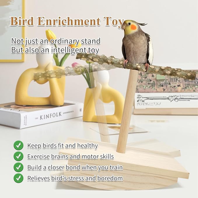 Natural Wood Bird Perch Stand,Rocking Perch for Birds,Chewing Training Parrot Tumbler Toy,Bird Stand Swing Removable Playstand Birds Cage Accessories for Parakeets,Cockatiels,Budgies,Conures(Large)