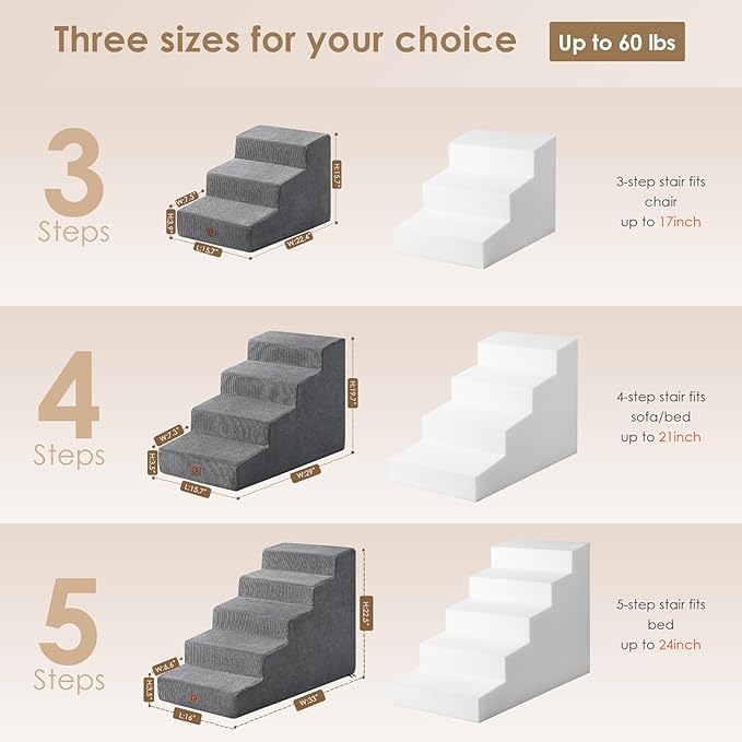 EHEYCIGA Dog Stairs for Small Dog 19.7”H, 4-Step Slope Dog Stairs for High Beds and Couch, Pet Steps with Non-Slip Bottom, Low Ramp and Larger Step Area