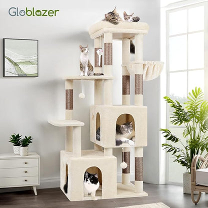 Globlazer Cat Tower for Indoor Cats, Heavy Duty Cat Trees for Large Cats Adult Big Cats Maine Coon Cat Tree Tower with Scratching Post, Extra Large Top Perch, Cat Condos, F61, Beige, 61inch