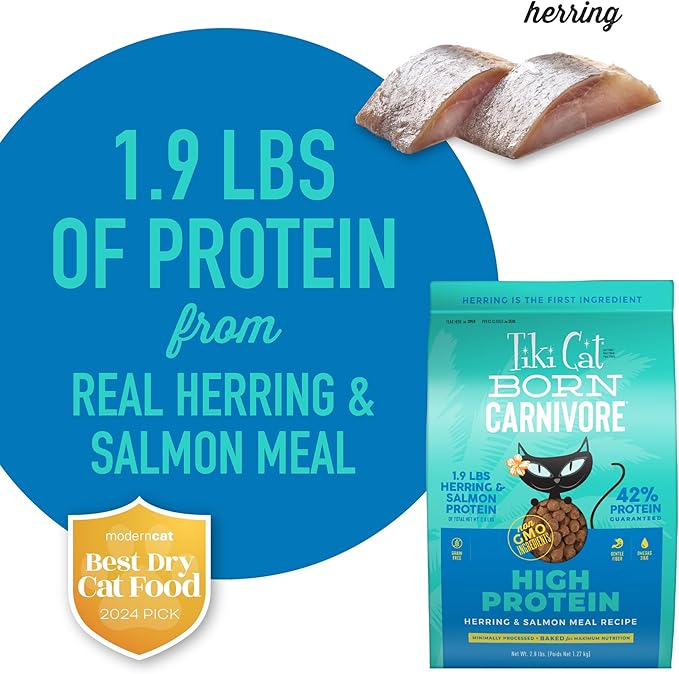 Tiki Cat Born Carnivore High Protein Dry Cat Food, Herring & Salmon Meal, 2.8 lbs. Bag