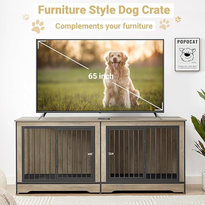Rovibek 75'' Double Dog Crate Furniture for 2 Large Dogs, Heavy Duty Furniture Style Dog Crates End Table, Wood Crates for Dogs Kennel Indoor with Double Door, Grey