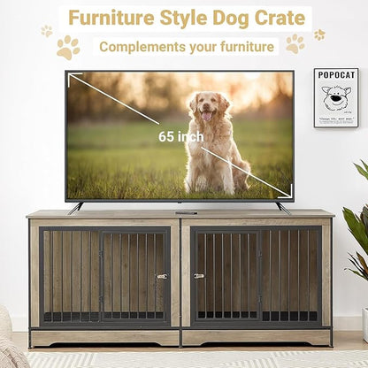 Rovibek 75" Double Dog Crate Furniture for 2 Large Dogs, Heavy Duty Furniture Style Dog Kennel End Table, Wood Crates for Dogs Kennel Indoor Double Door, Brown