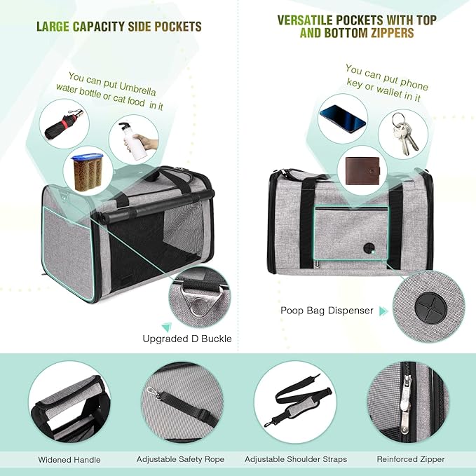 YUDODO 25 lbs Lightproof Pet Carriers Airline Approved Dog Cat Travel Soft Sided Carrier Reflective Mesh Safe Pet Cat Carrier Foldable Portable Small Animal Rabbit Puppy Cat Carrier Grey