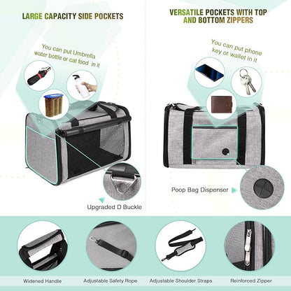 YUDODO 25 lbs Lightproof Pet Carriers Airline Approved Dog Cat Travel Soft Sided Carrier Reflective Mesh Safe Pet Cat Carrier Foldable Portable Small Animal Rabbit Puppy Cat Carrier Grey