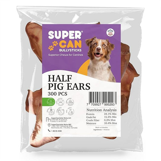 SUPER CAN BULLYSTICKS All Natural Half Pig Ears Dog Treats (30 Count) - Healthy Chews for Large, Medium & Small Dogs