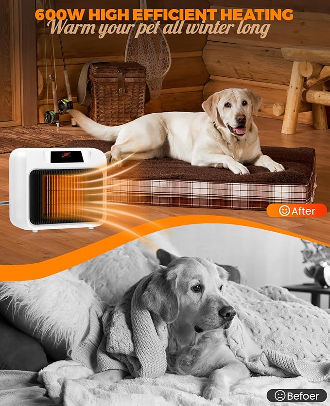 Dog House Heater With Thermostat,Heated Dog House With 6FT Anti Chew Cord and 2 Heating Mode (300/600W), Safe Pet House Heater for Dogs Chicken Coops Rabbits