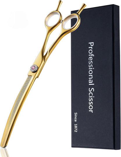 7" Downward Curved Dog Grooming Thinning Scissors for Grooming Face and Paws Safety Shears Trimming Cutting Shears for Dog Cat Pet Grooming Gold