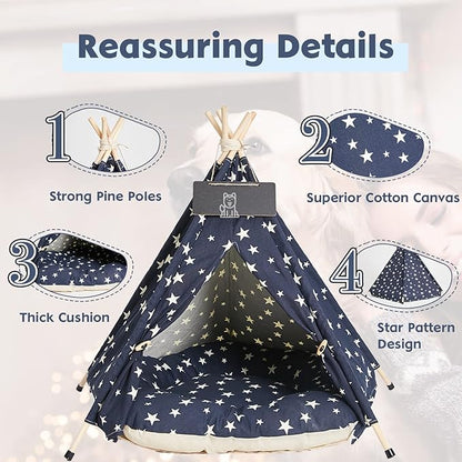 Pet Teepee Tents, 24 Inch Portable Indoor Dog Teepee Bed with Thick Cushion, Washable Navy Blue Stars Pattern Teepee Tent House for Puppy & Cat