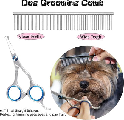 Dog Scissors - 6 in 1 Pet Grooming Set, Curved Tips, Blue