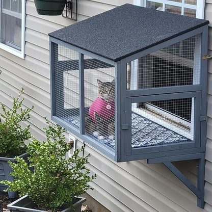 beeNbkks Cat Catio, Window Box Enclosure for Indoor Cats, Wooden Window Perch House, Expandable for Multi Kittens, Secure Comfortable Outdoor Haven for Pets, All Weather Use, Nature Friendly Design