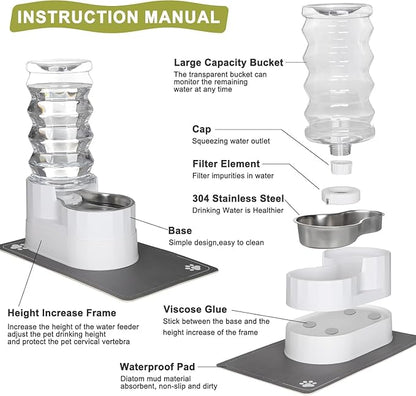 RIZZARI Large Water Dispenser for Dogs: 9L Automatic Stainless Steel Gravity Raised Pet Feeder for 30-60 LB Senior Pet Dogs with Neck Pain Relief in Garage Living Room