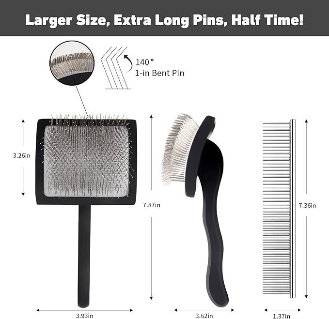 Dog Slicker Brush for Shedding and Grooming Medium or Long Haired Cats, Extra Long & Soft Pin Slicker Brush for Removes Loose Hair, Tangles, Knots, Undercoat, Free Pet Comb, Large Black