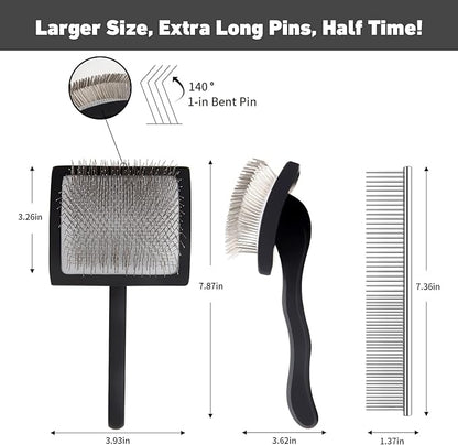Dog Slicker Brush for Shedding and Grooming Medium or Long Haired Cats, Extra Long & Soft Pin Slicker Brush for Removes Loose Hair, Tangles, Knots, Undercoat, Free Pet Comb, Large Black