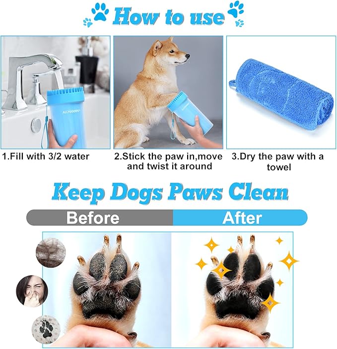 Dog Paw Cleaner,ALLYGOODS Portable Pet Feet Washer Cup Cleaners with Soft Silicone Bristles Grooming Supplies for Medium Large Dogs Includes Bath Brush and Towel BPA Free Durable