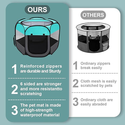 Pet Puppy Playpen for Cat Dog Indoor Outdoor, Foldable Portable Tent, Pop Up Dog Kitten Kennel Playpen with Carrying Case and Bowl,Green,Small