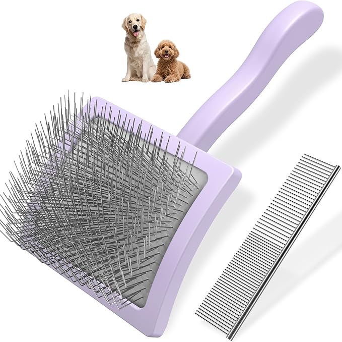 2PCS Slicker Brush for Dogs & Pet Comb,Professional Dog Grooming Brush (Goldendoodles,Poodles,Labradoodles) with Extra Long Pins to Effectively Remove Tangles, Knots and Mats (Light Purple Large)