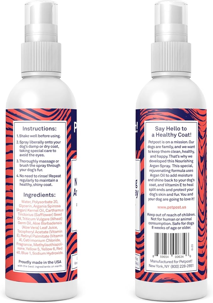 Petpost | Waterless Argan Shampoo Spray for Dogs with Sensitive Skin - Naturally Nourishing Coat Cleaner & Deodorizer for Healthier, Shinier Fur - Rinse Free Formula 8 oz.