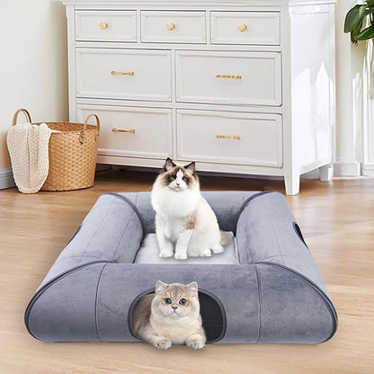 Indoor Cat Cave Bed, Sturdy and Scratch Resistant Removable Cat Tunnel Bed with Removable Soft Pad, Suitable for Small to Medium Cats (Gray)-1